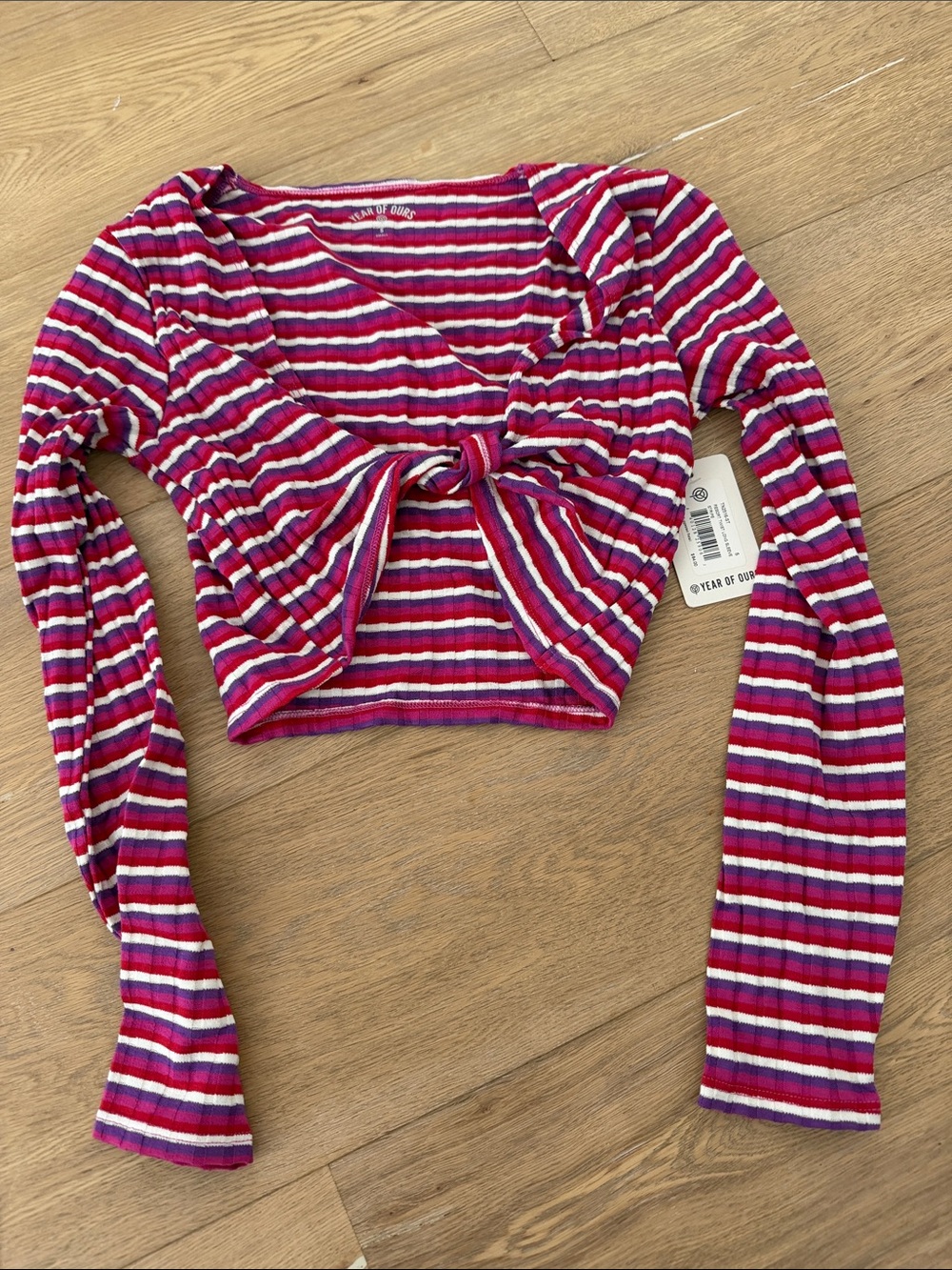 Year of Ours Striped Knot-Front Cropped Long Sleeve Top - Pink, Red, White S